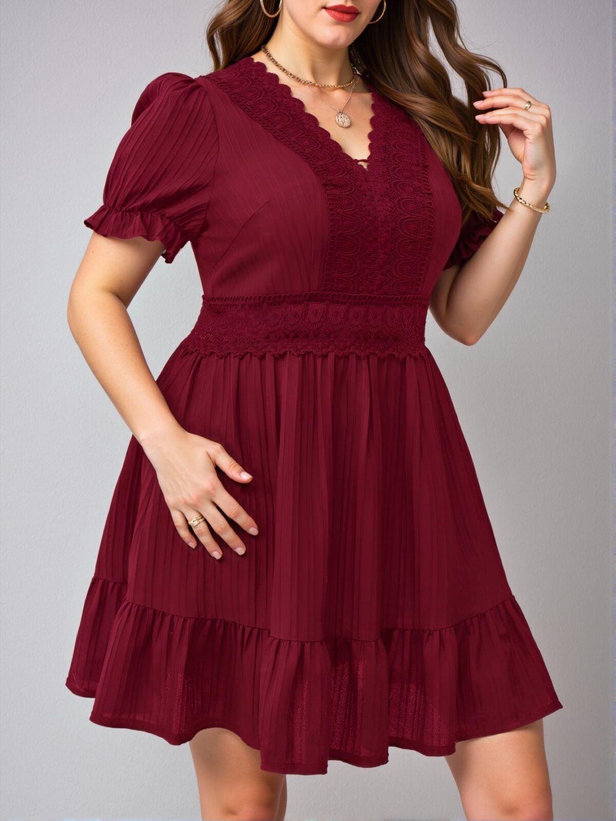 Elegant Red A-Line Summer Dress with Lace Patchwork and Puff Sleeves – Chic, Classy and Trendy Fashion Style to Dress to Impress - Image 3