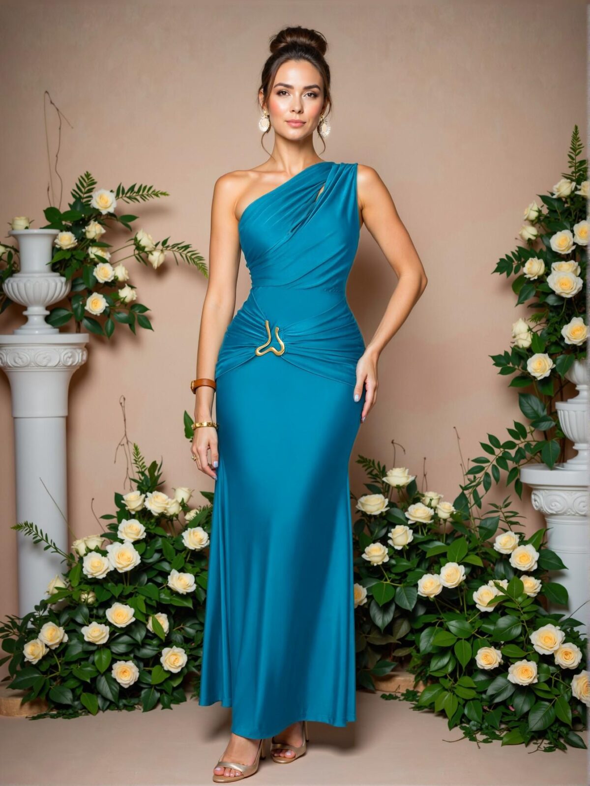 Elegant Teal Blue Bodycon Dress with Asymmetrical Neckline and Metal Accents for a Stunning Maxi Look - Chic, Classy and Trendy Fashion Style to Dress to Impress - Image 3