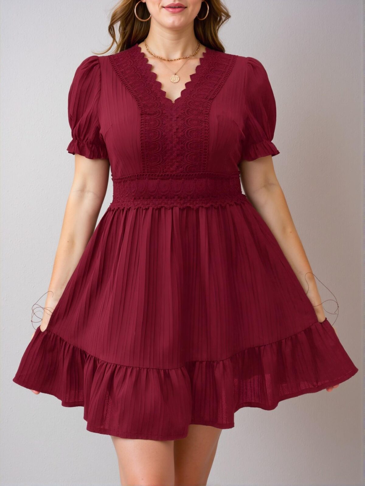 Elegant Red A-Line Summer Dress with Lace Patchwork and Puff Sleeves – Chic, Classy and Trendy Fashion Style to Dress to Impress - Image 4
