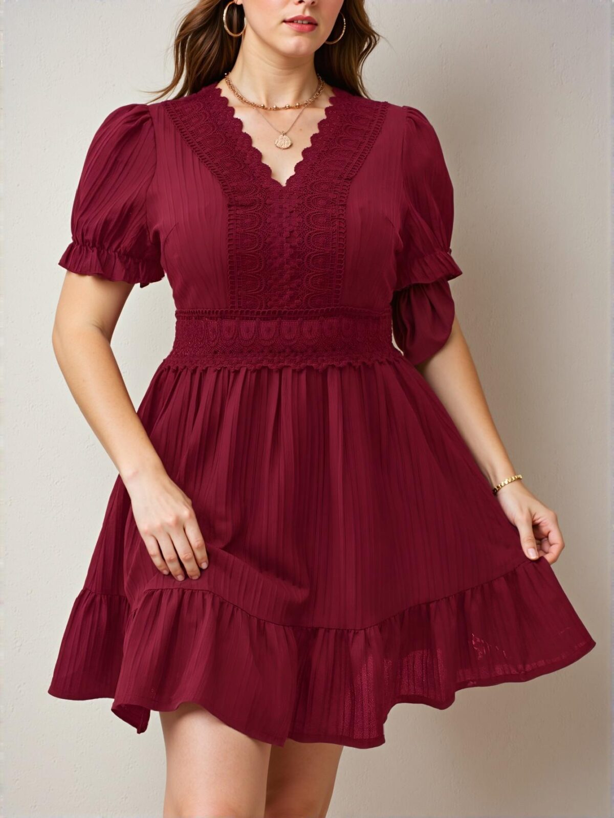Elegant Red A-Line Summer Dress with Lace Patchwork and Puff Sleeves – Chic, Classy and Trendy Fashion Style to Dress to Impress - Image 5