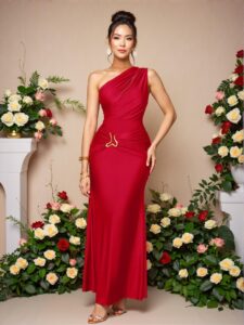 Elegant Red Asymmetrical Neck Bodycon Maxi Dress with Metal Accents - Chic, Classy and Trendy Fashion Style to Dress to Impress