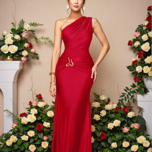 Elegant Red Asymmetrical Neck Bodycon Maxi Dress with Metal Accents - Chic, Classy and Trendy Fashion Style to Dress to Impress