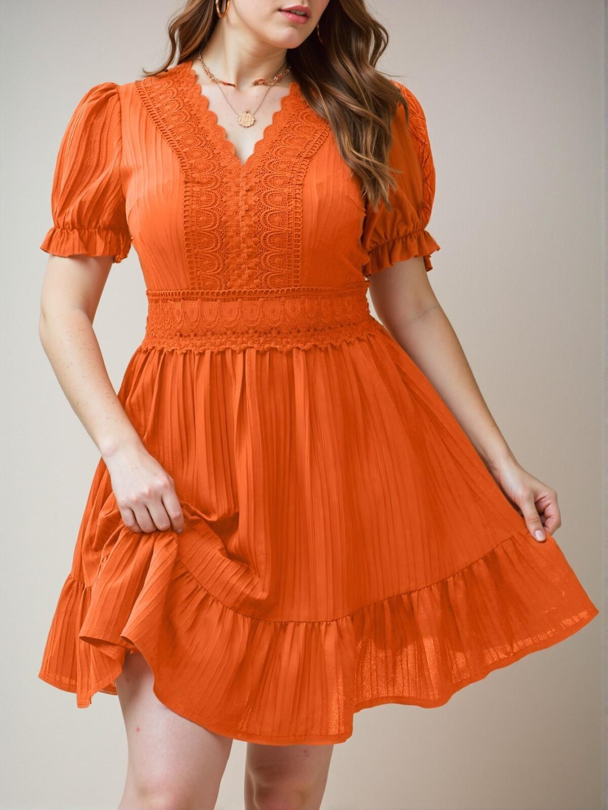 Elegant Orange Flounce Hem Lace Detail Puff Sleeve A-Line Dress Chic, Classy and Trendy Fashion Style to Dress to Impress