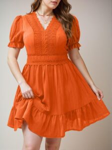 Elegant Orange Flounce Hem Lace Detail Puff Sleeve A-Line Dress Chic, Classy and Trendy Fashion Style to Dress to Impress