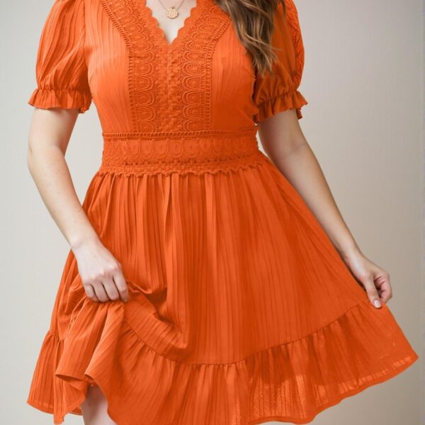 Elegant Orange Flounce Hem Lace Detail Puff Sleeve A-Line Dress Chic, Classy and Trendy Fashion Style to Dress to Impress