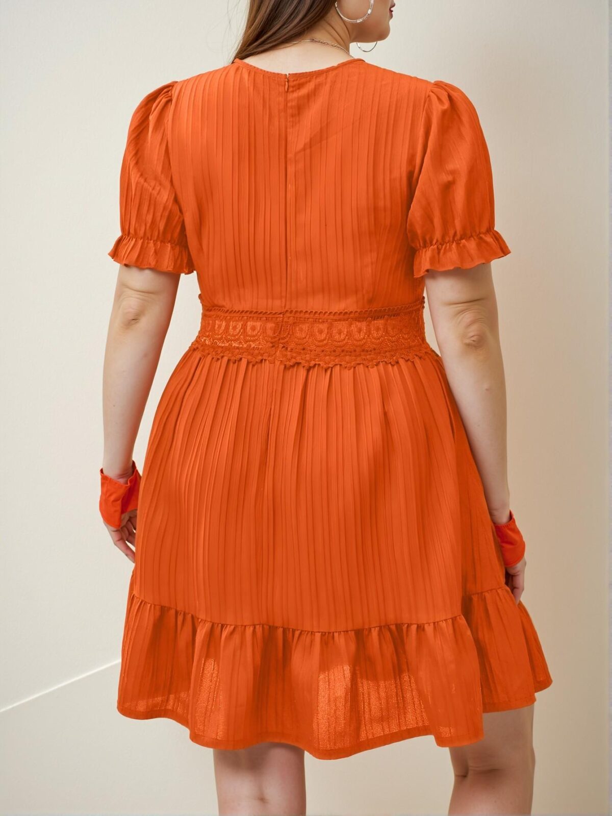 Elegant Orange Flounce Hem Lace Detail Puff Sleeve A-Line Dress Chic, Classy and Trendy Fashion Style to Dress to Impress - Image 2