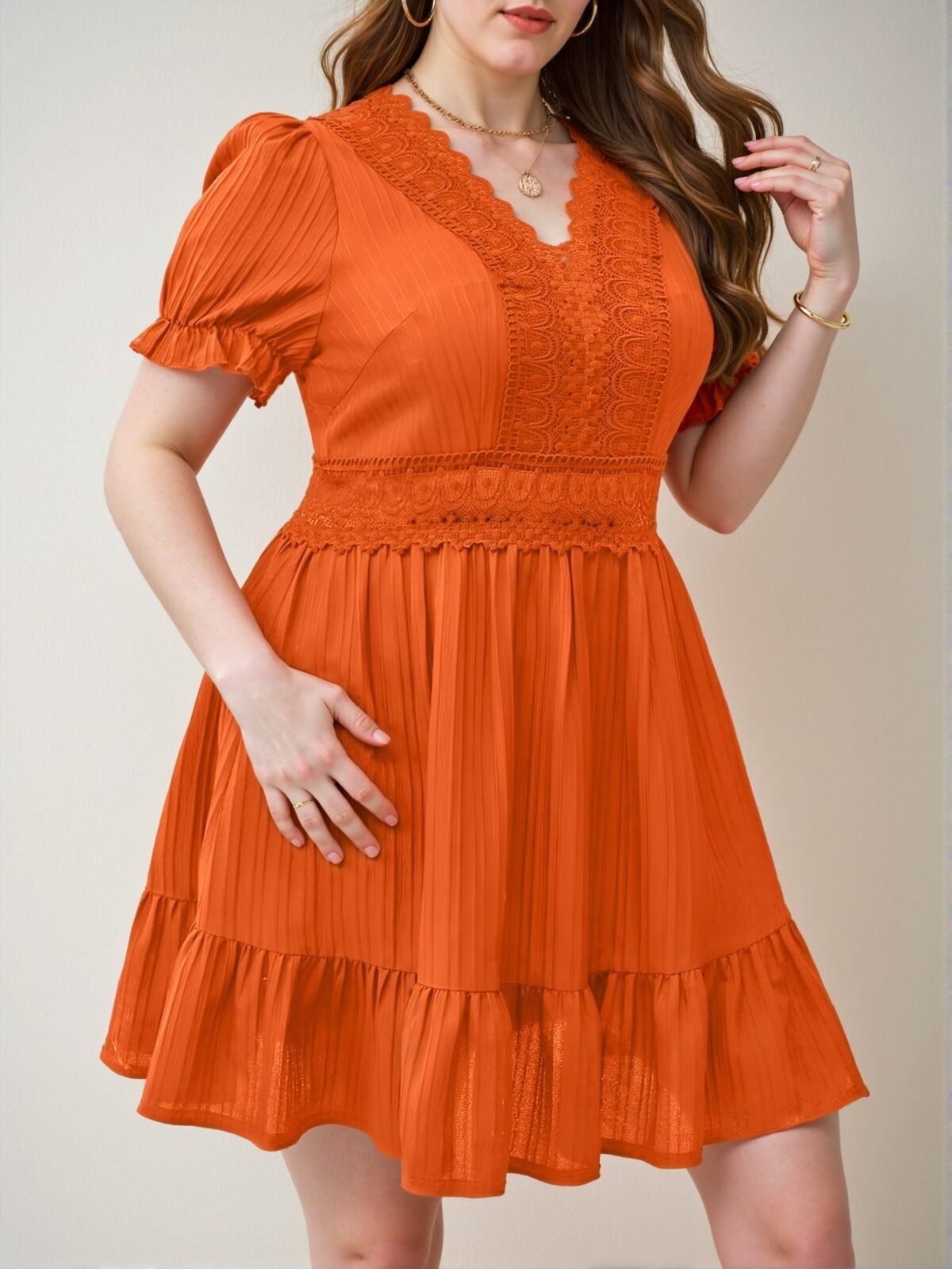 Elegant Orange Flounce Hem Lace Detail Puff Sleeve A-Line Dress Chic, Classy and Trendy Fashion Style to Dress to Impress - Image 3