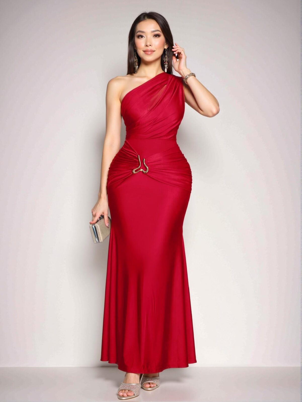 Elegant Red Asymmetrical Neck Bodycon Maxi Dress with Metal Accents - Chic, Classy and Trendy Fashion Style to Dress to Impress - Image 4