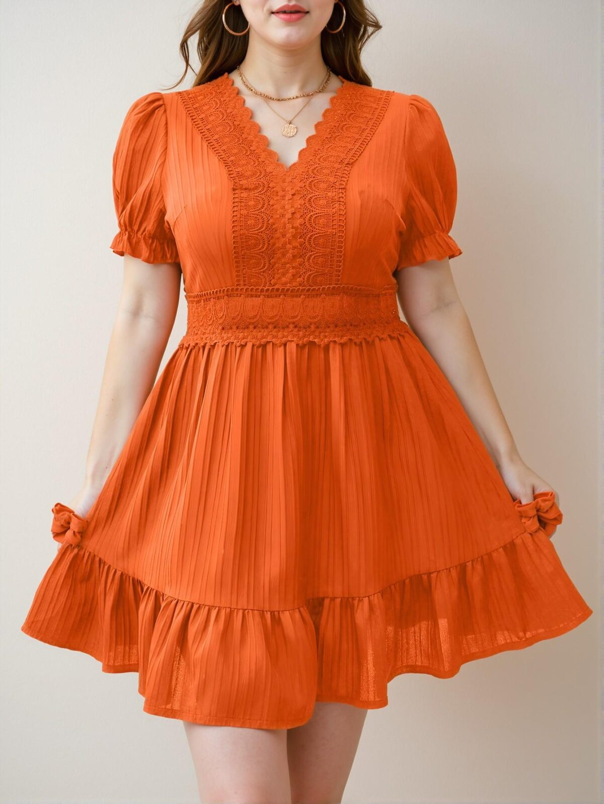 Elegant Orange Flounce Hem Lace Detail Puff Sleeve A-Line Dress Chic, Classy and Trendy Fashion Style to Dress to Impress - Image 4