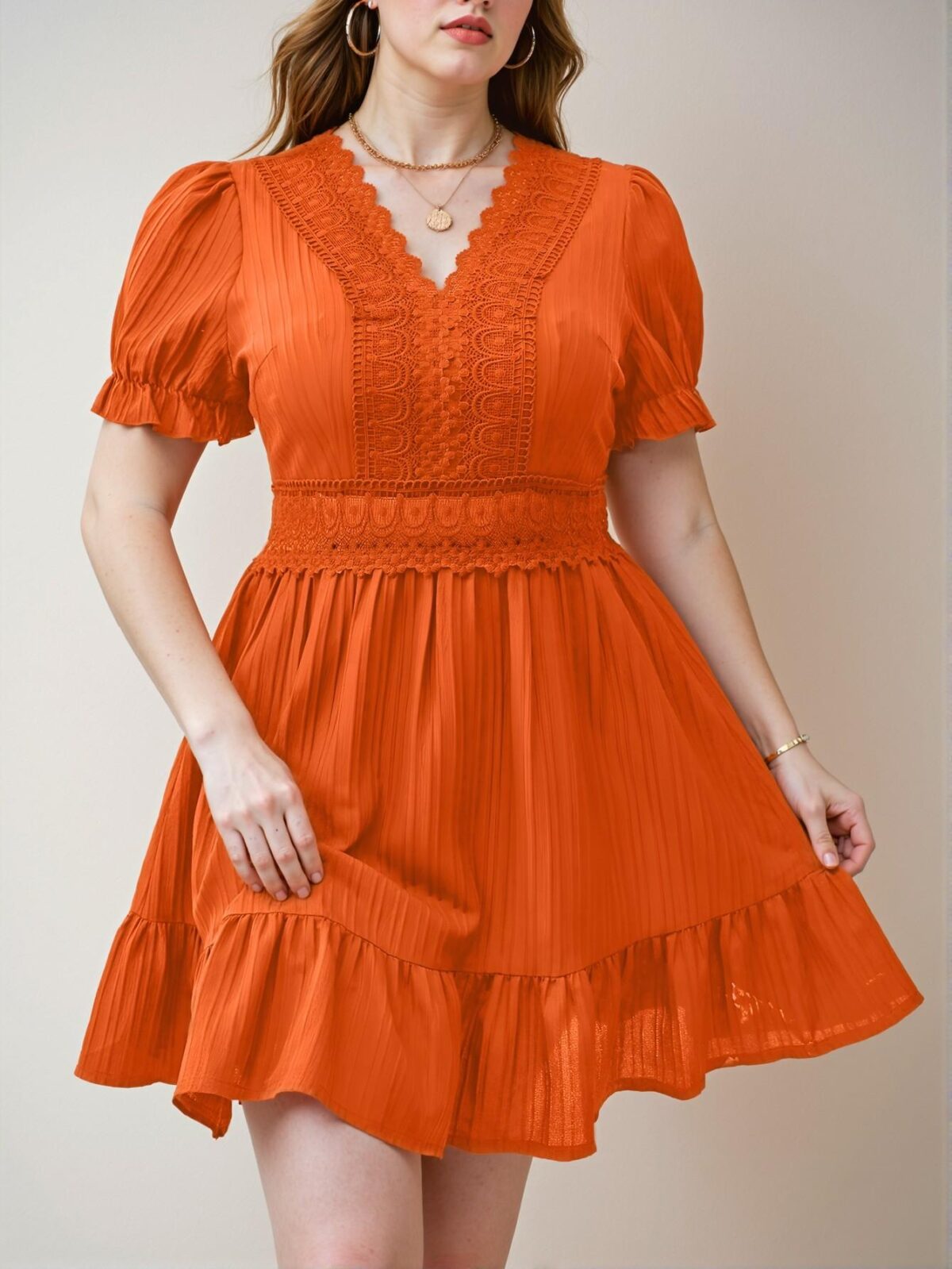 Elegant Orange Flounce Hem Lace Detail Puff Sleeve A-Line Dress Chic, Classy and Trendy Fashion Style to Dress to Impress - Image 5