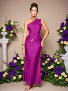 Elegant Purple Asymmetrical Neckline Bodycon Maxi Dress with Metal Accents - Chic, Classy, and Trendy Fashion Style to Dress to Impress
