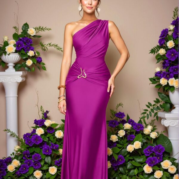 Elegant Purple Asymmetrical Neckline Bodycon Maxi Dress with Metal Accents - Chic, Classy, and Trendy Fashion Style to Dress to Impress