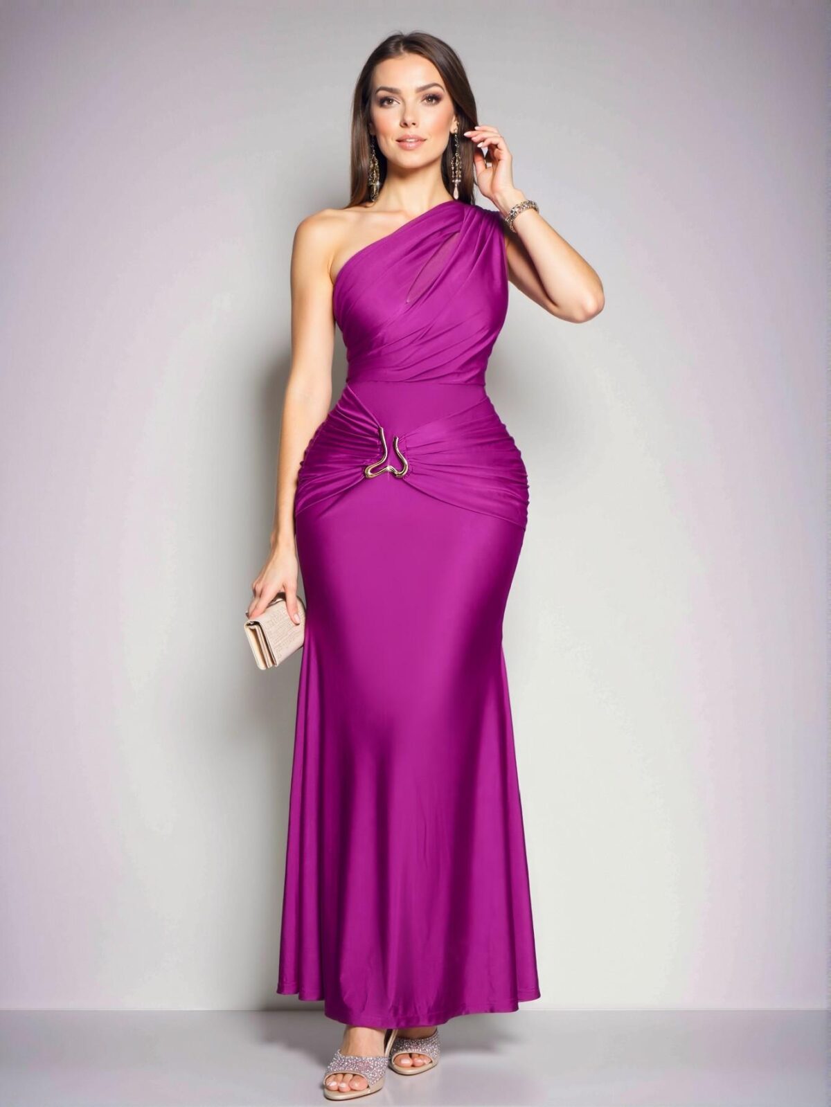 Elegant Purple Asymmetrical Neckline Bodycon Maxi Dress with Metal Accents - Chic, Classy, and Trendy Fashion Style to Dress to Impress - Image 4