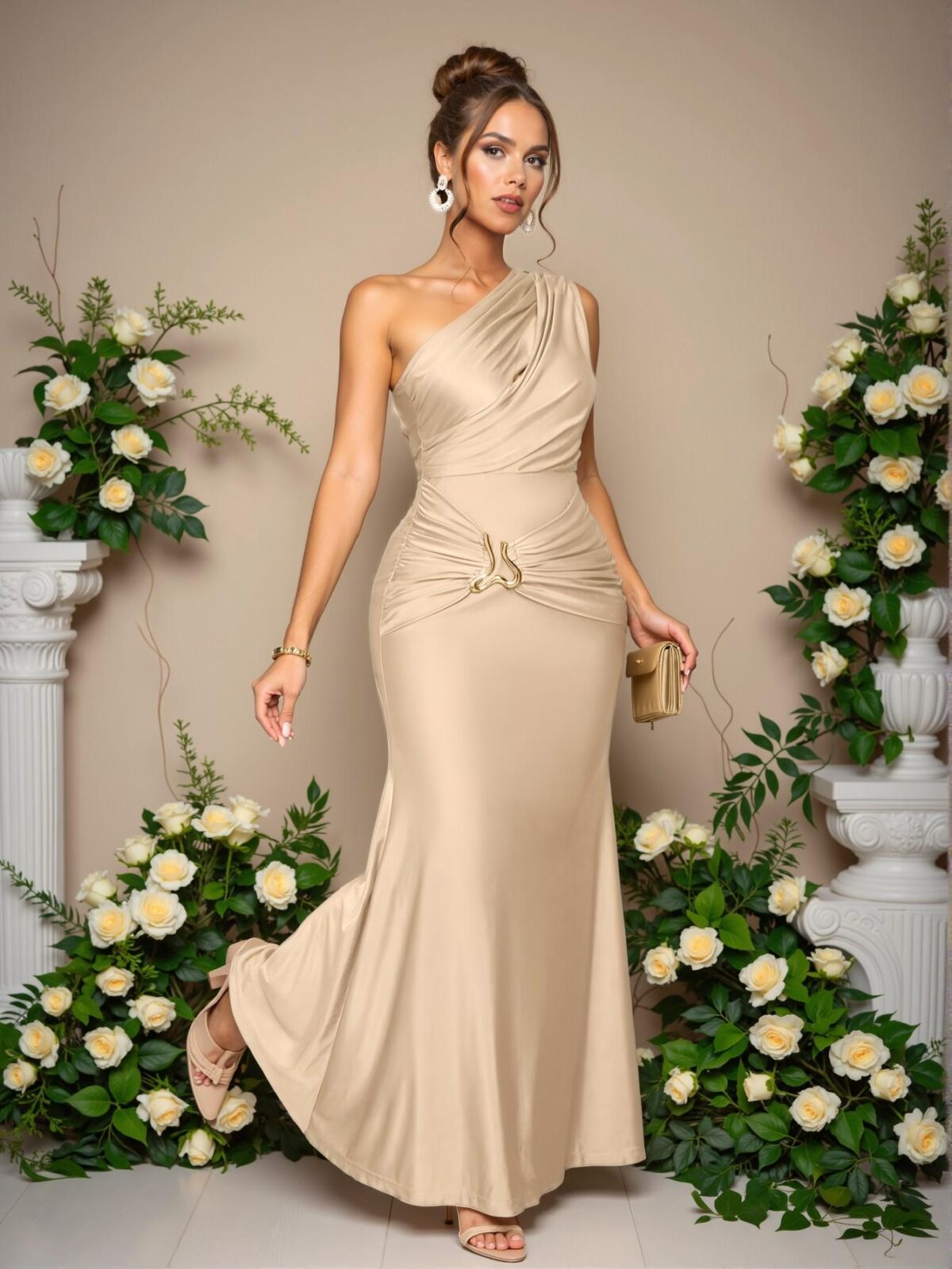 Elegant Khaki Asymmetrical Neck Metal Decorated Bodycon Long Maxi Dress for Spring and Summer - Chic, Classy and Trendy Fashion Style to Dress to Impress