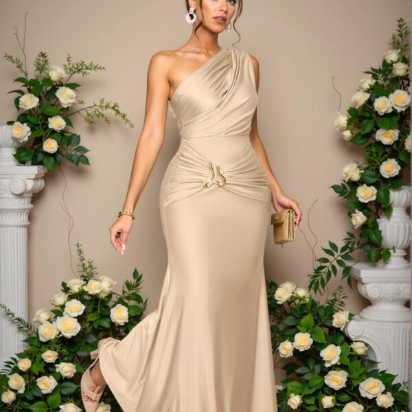 Elegant Khaki Asymmetrical Neck Metal Decorated Bodycon Long Maxi Dress for Spring and Summer - Chic, Classy and Trendy Fashion Style to Dress to Impress