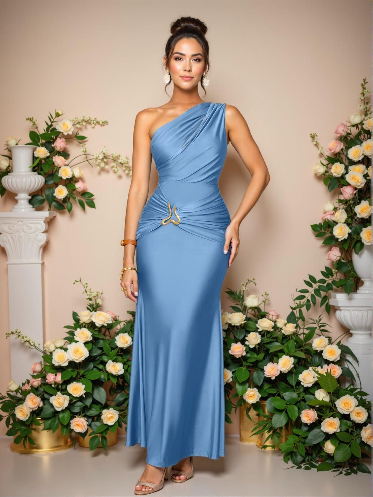 Elegant Blue Chic Bodycon Maxi Dress with Asymmetrical Neck and Metal Accent – A Sophisticated Fashion Choice for Spring and Summer to Dress to Impress