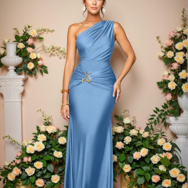 Elegant Blue Chic Bodycon Maxi Dress with Asymmetrical Neck and Metal Accent – A Sophisticated Fashion Choice for Spring and Summer to Dress to Impress