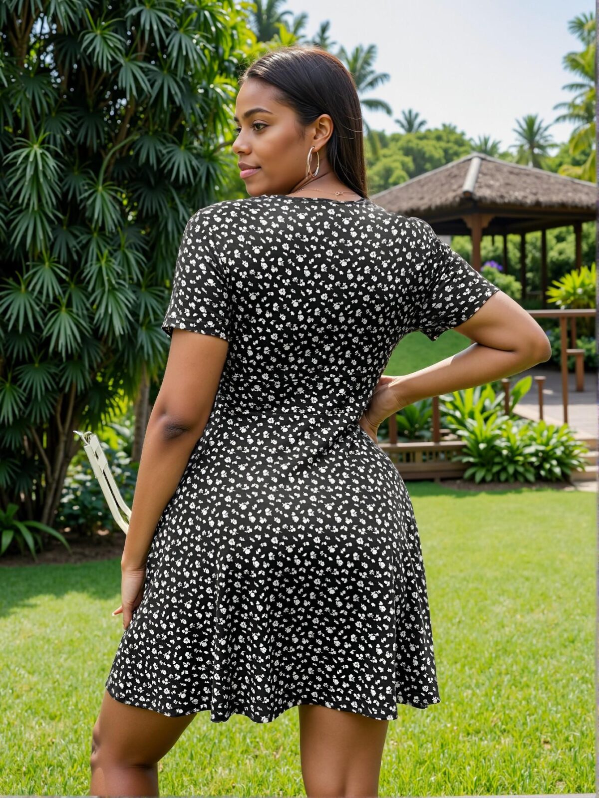Elegant Black Flared A-Line Dress with Ditsy Floral Print for Summer Beach Vacations - Chic, Classy, and Trendy Fashion Style to Dress to Impress - Image 2