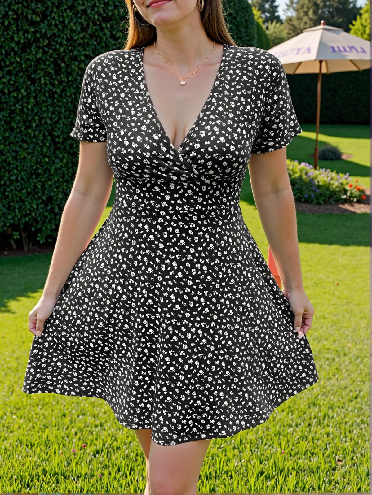 Elegant Black Flared A-Line Dress with Ditsy Floral Print for Summer Beach Vacations - Chic, Classy, and Trendy Fashion Style to Dress to Impress - Image 5