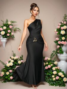Elegant Black Asymmetrical Neck Bodycon Maxi Dress with Metal Accents for Spring and Summer "Chic, Classy and Trendy Fashion Style to Dress to Impress"