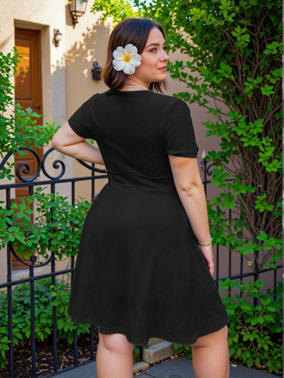 Elegant Black Flared V-Neck Jacquard Dress for Plus Size Women - Chic, Classy and Trendy Fashion Style to Dress to Impress - Image 2