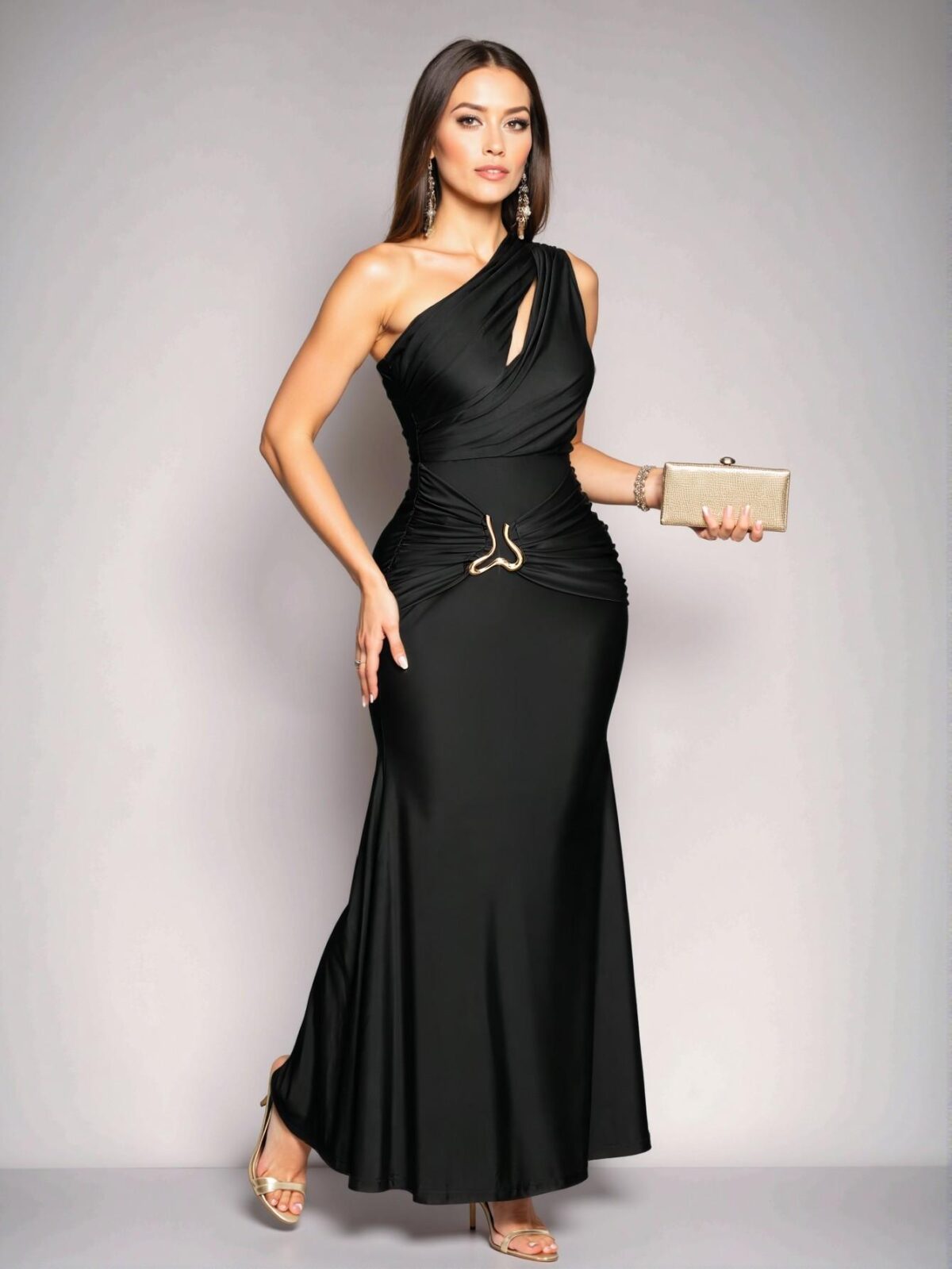 Elegant Black Asymmetrical Neck Bodycon Maxi Dress with Metal Accents for Spring and Summer "Chic, Classy and Trendy Fashion Style to Dress to Impress" - Image 3