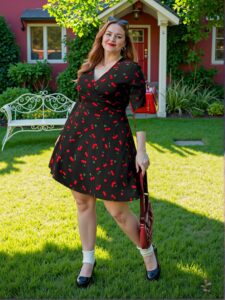 Elegant Black Bohemian Cherry Print Short Sleeve Dress, Perfect for Vacations, Beach Days, and Holidays - Chic, Classy and Trendy Fashion Style to Dress to Impress
