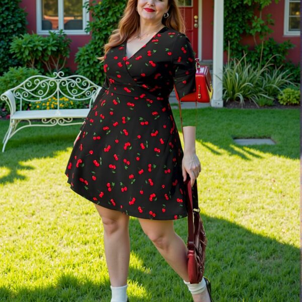 Elegant Black Bohemian Cherry Print Short Sleeve Dress, Perfect for Vacations, Beach Days, and Holidays - Chic, Classy and Trendy Fashion Style to Dress to Impress