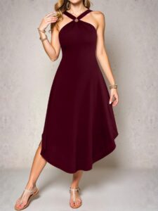 Elegant Burgundy Unique Halter Neck Asymmetrical Hem Sleeveless Maxi Dress for Summer Vacations - Chic, Classy and Trendy Fashion Style to Dress to Impress