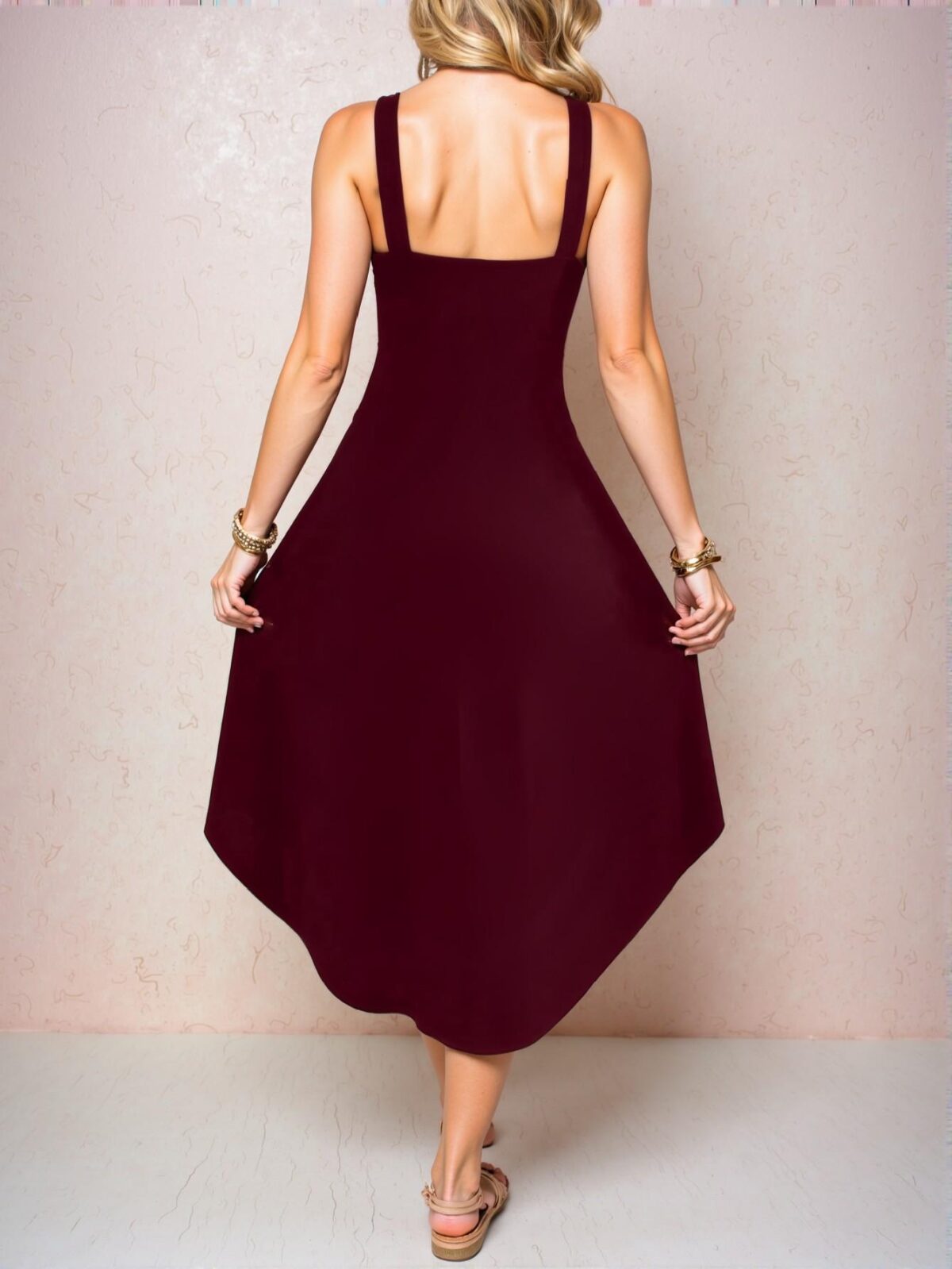 Elegant Burgundy Unique Halter Neck Asymmetrical Hem Sleeveless Maxi Dress for Summer Vacations - Chic, Classy and Trendy Fashion Style to Dress to Impress - Image 2