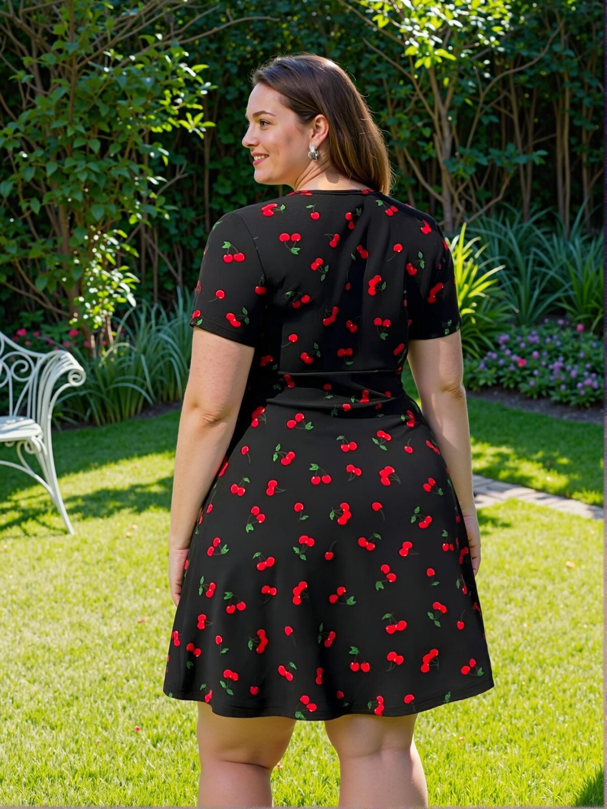 Elegant Black Bohemian Cherry Print Short Sleeve Dress, Perfect for Vacations, Beach Days, and Holidays - Chic, Classy and Trendy Fashion Style to Dress to Impress - Image 2