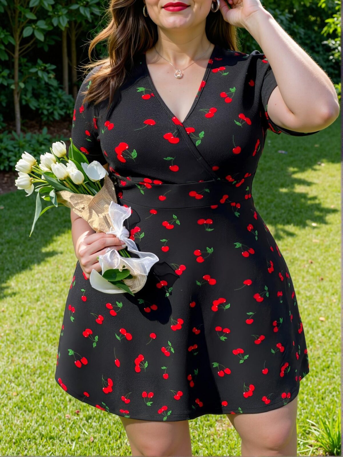 Elegant Black Bohemian Cherry Print Short Sleeve Dress, Perfect for Vacations, Beach Days, and Holidays - Chic, Classy and Trendy Fashion Style to Dress to Impress - Image 3