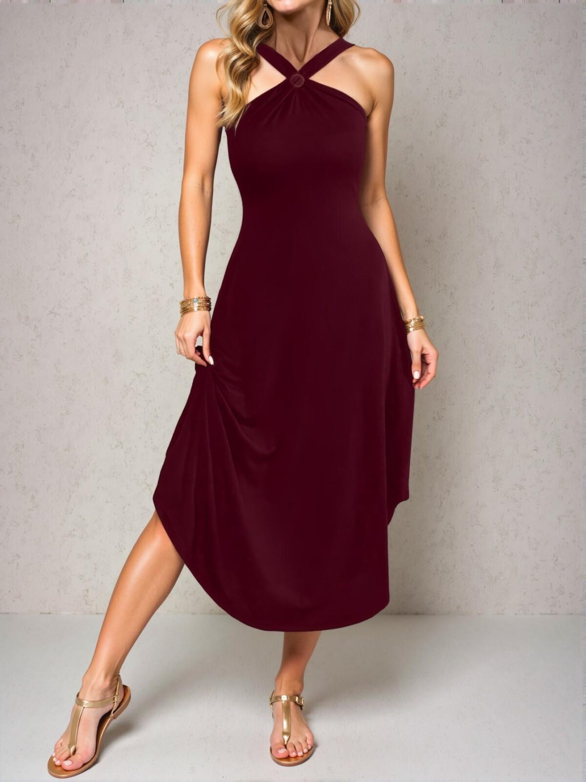 Elegant Burgundy Unique Halter Neck Asymmetrical Hem Sleeveless Maxi Dress for Summer Vacations - Chic, Classy and Trendy Fashion Style to Dress to Impress - Image 3