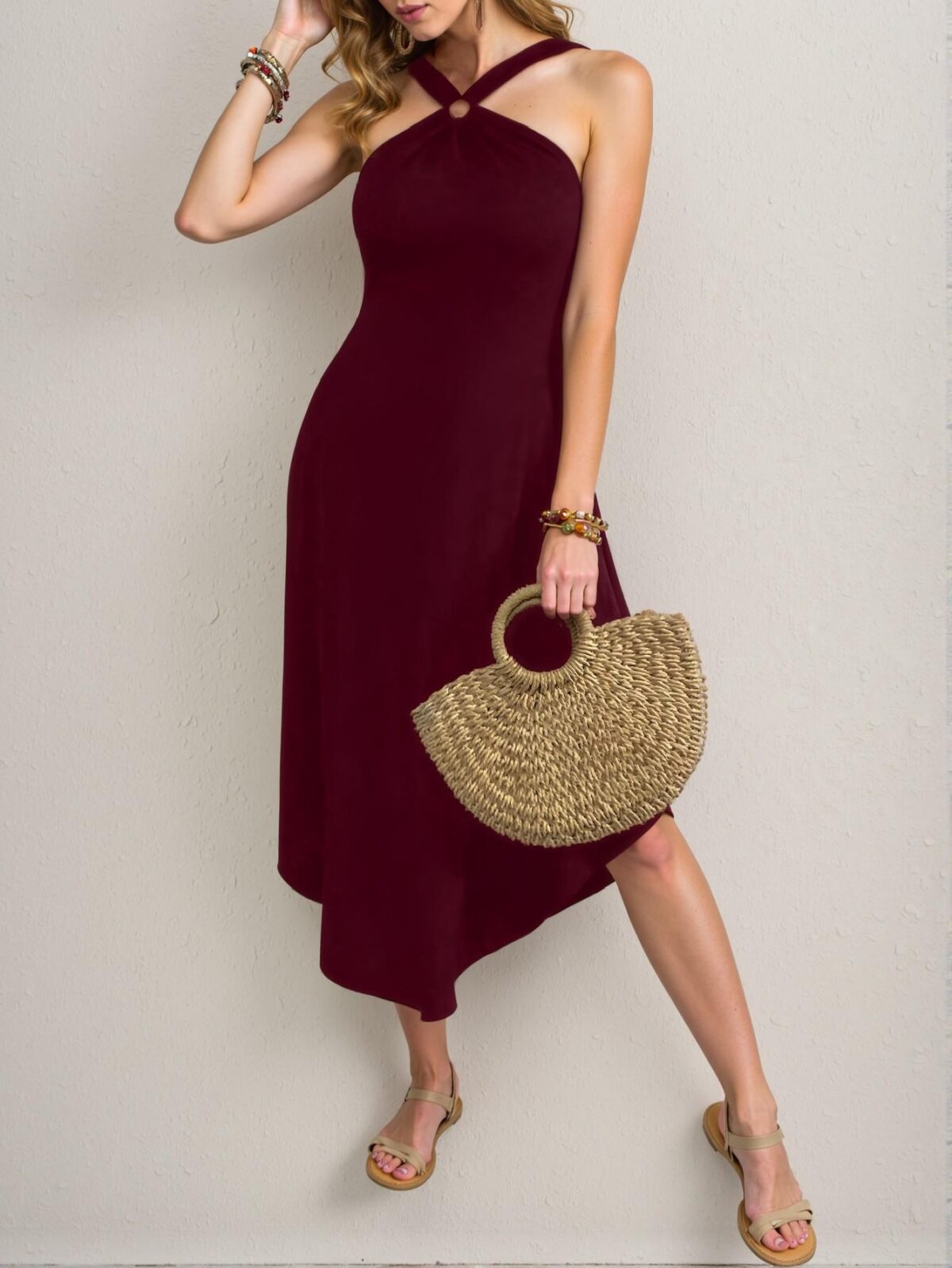Elegant Burgundy Unique Halter Neck Asymmetrical Hem Sleeveless Maxi Dress for Summer Vacations - Chic, Classy and Trendy Fashion Style to Dress to Impress - Image 4