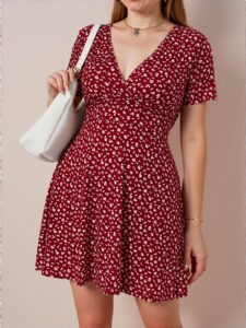 Elegant Burgundy A-Line Floral Short Sleeve Dress Perfect for Vacation and Beach Getaways - Chic, Classy and Trendy Fashion Style to Dress to Impress