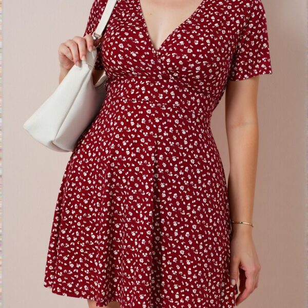Elegant Burgundy A-Line Floral Short Sleeve Dress Perfect for Vacation and Beach Getaways - Chic, Classy and Trendy Fashion Style to Dress to Impress