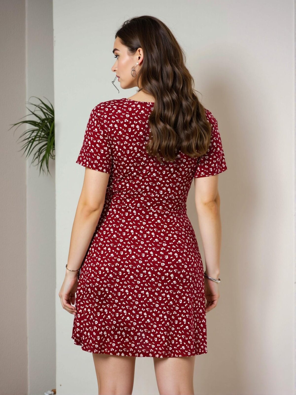 Elegant Burgundy A-Line Floral Short Sleeve Dress Perfect for Vacation and Beach Getaways - Chic, Classy and Trendy Fashion Style to Dress to Impress - Image 2