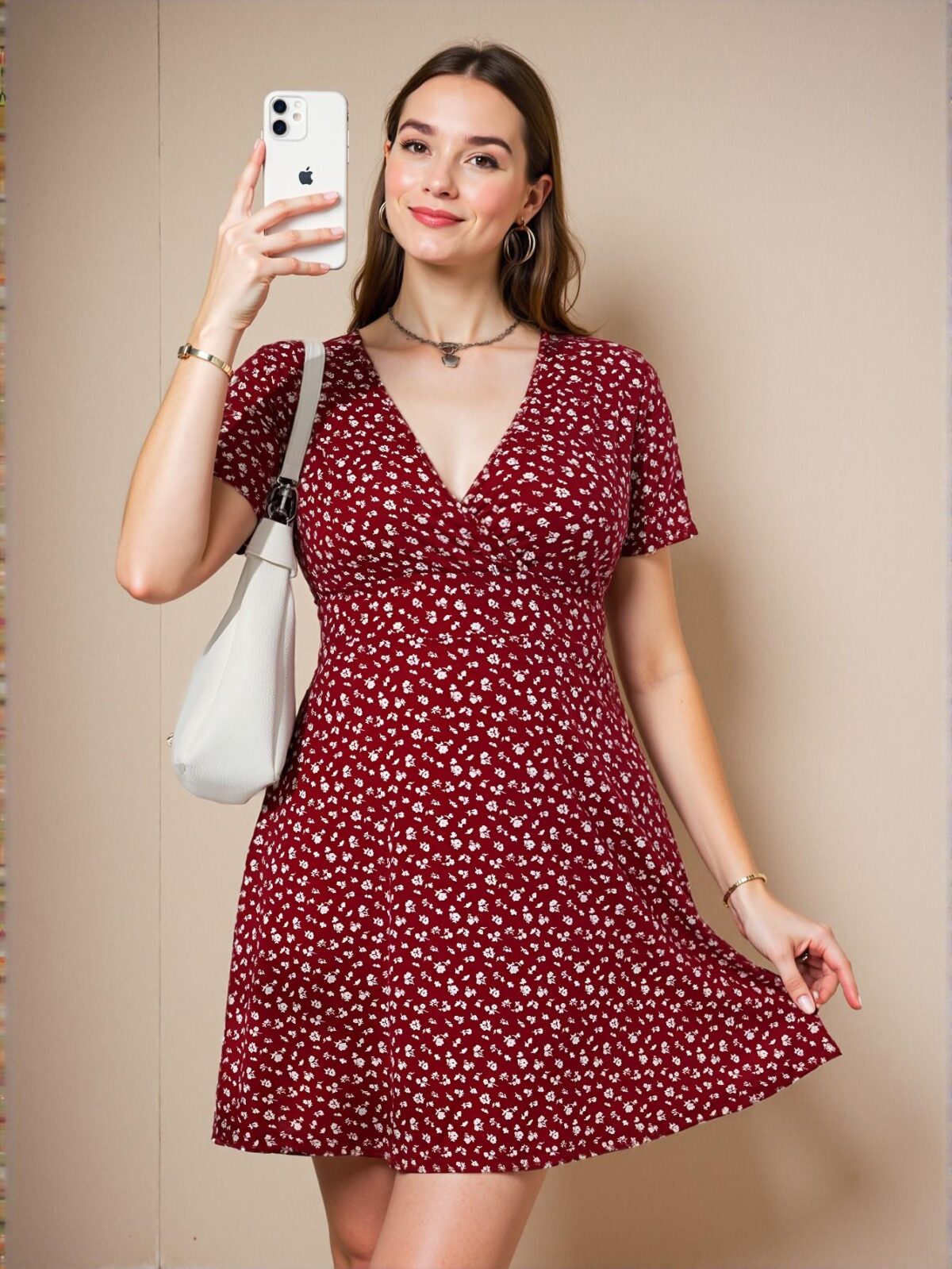 Elegant Burgundy A-Line Floral Short Sleeve Dress Perfect for Vacation and Beach Getaways - Chic, Classy and Trendy Fashion Style to Dress to Impress - Image 3