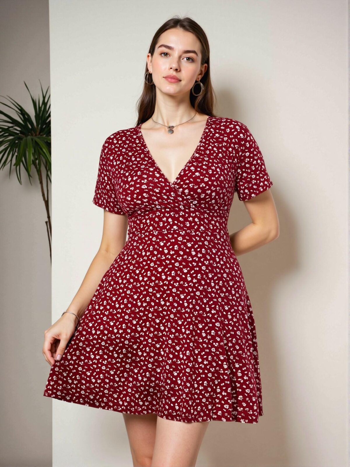 Elegant Burgundy A-Line Floral Short Sleeve Dress Perfect for Vacation and Beach Getaways - Chic, Classy and Trendy Fashion Style to Dress to Impress - Image 4