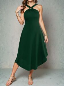 Elegant Dark Green Versatile Halter Neck Asymmetrical Hem Maxi Dress for Spring and Summer Getaways - Chic, Classy, and Trendy Fashion Style to Dress to Impress