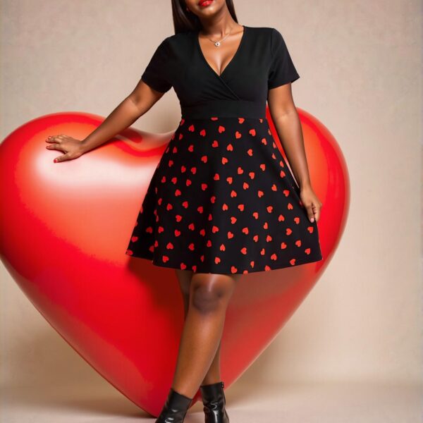 Elegant Multicolor Charming Color Block Heart Pattern V-Neck Dress Perfect for Celebrations and Summer Vibes Chic, Classy and Trendy Fashion Style to Dress to Impress