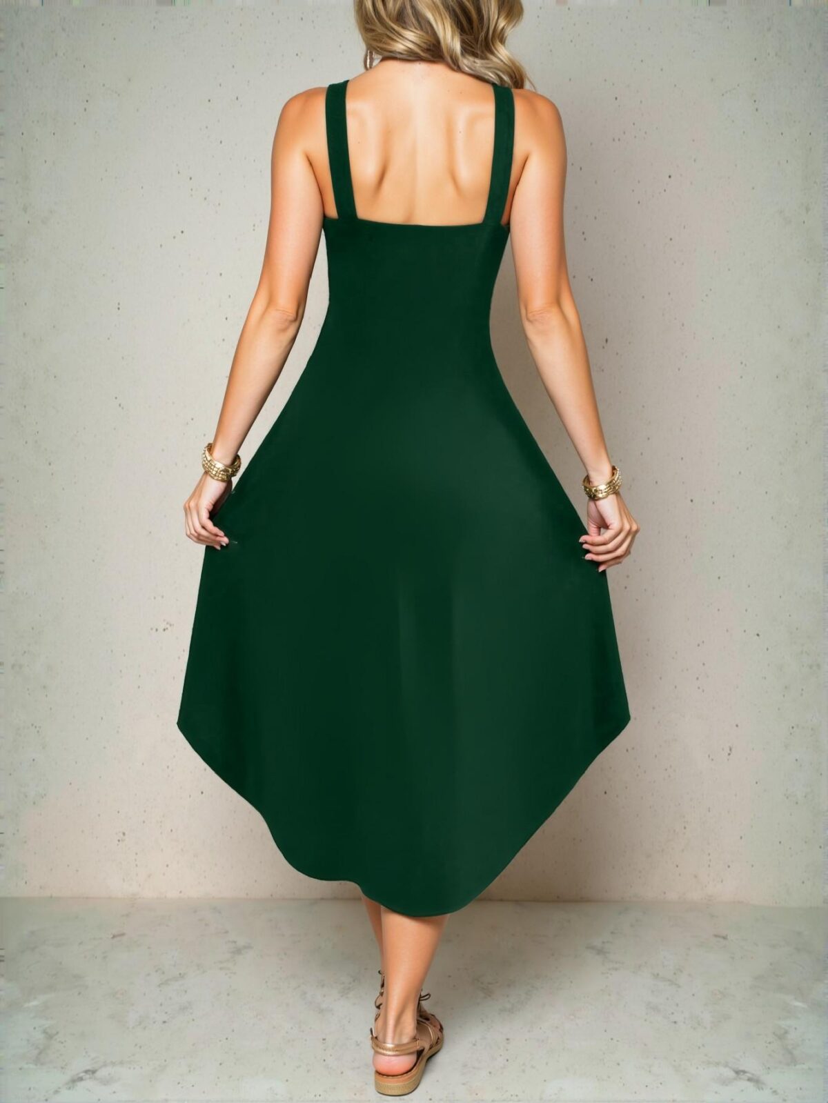 Elegant Dark Green Versatile Halter Neck Asymmetrical Hem Maxi Dress for Spring and Summer Getaways - Chic, Classy, and Trendy Fashion Style to Dress to Impress - Image 2