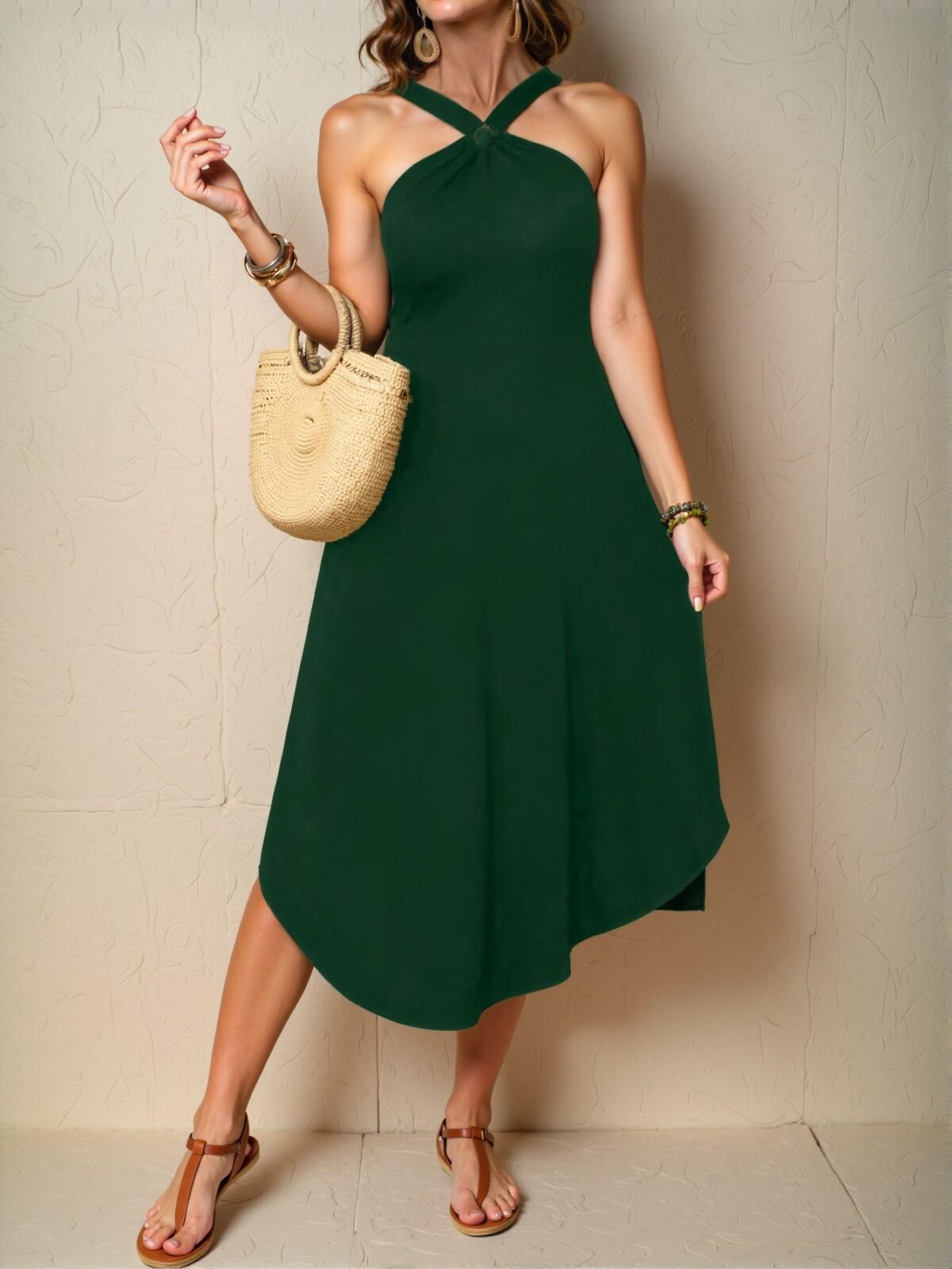 Elegant Dark Green Versatile Halter Neck Asymmetrical Hem Maxi Dress for Spring and Summer Getaways - Chic, Classy, and Trendy Fashion Style to Dress to Impress - Image 4