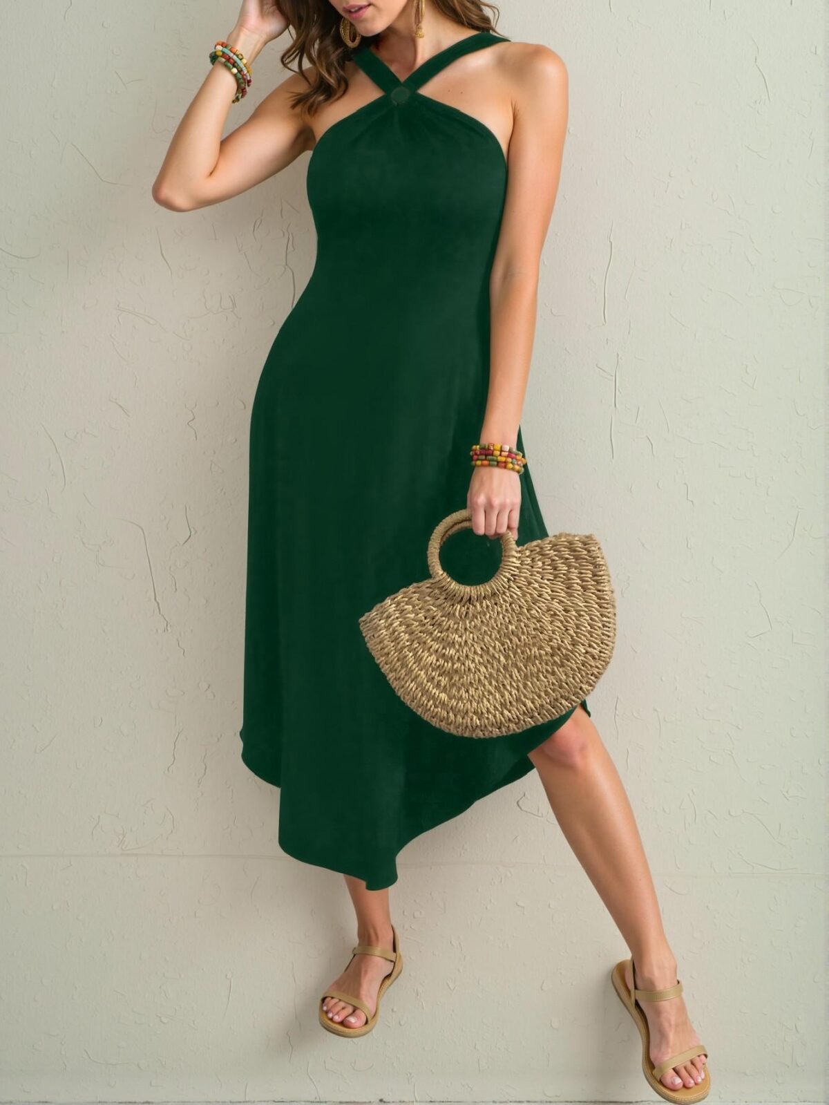 Elegant Dark Green Versatile Halter Neck Asymmetrical Hem Maxi Dress for Spring and Summer Getaways - Chic, Classy, and Trendy Fashion Style to Dress to Impress - Image 5