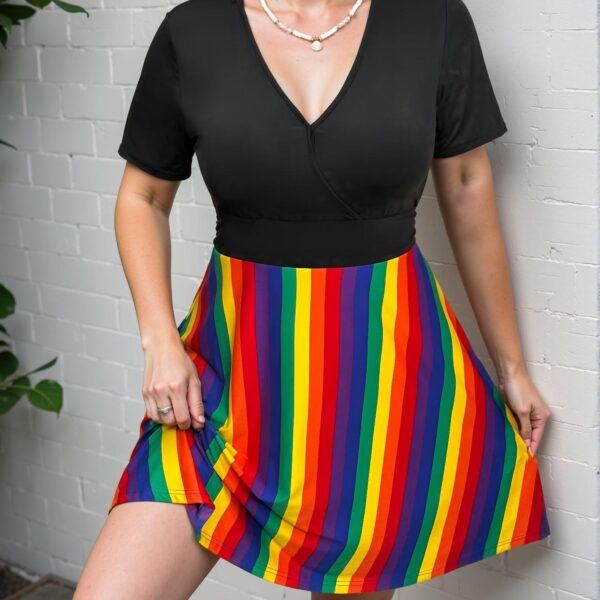 Elegant Multicolor V-Neck Short Sleeve Casual Dress with Flared Hem for a Chic, Classy, and Trendy Fashion Statement