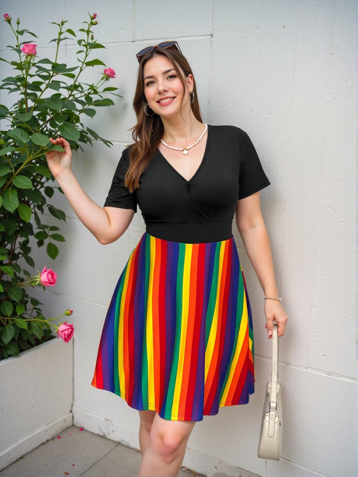 Elegant Multicolor V-Neck Short Sleeve Casual Dress with Flared Hem for a Chic, Classy, and Trendy Fashion Statement - Image 3