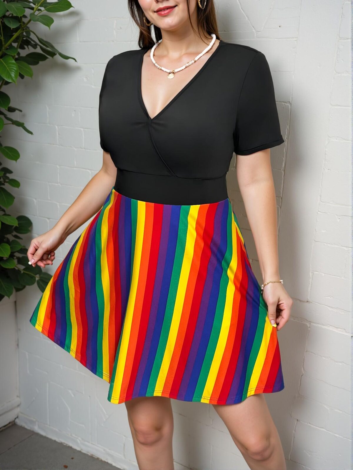Elegant Multicolor V-Neck Short Sleeve Casual Dress with Flared Hem for a Chic, Classy, and Trendy Fashion Statement - Image 4