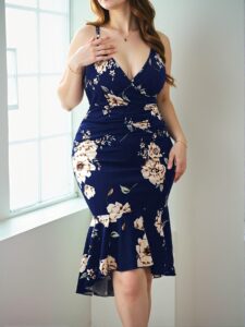 Elegant Navy Blue Floral Print Fitted Mermaid Dress for Summer – Chic, Classy and Trendy Fashion Style to Dress to Impress