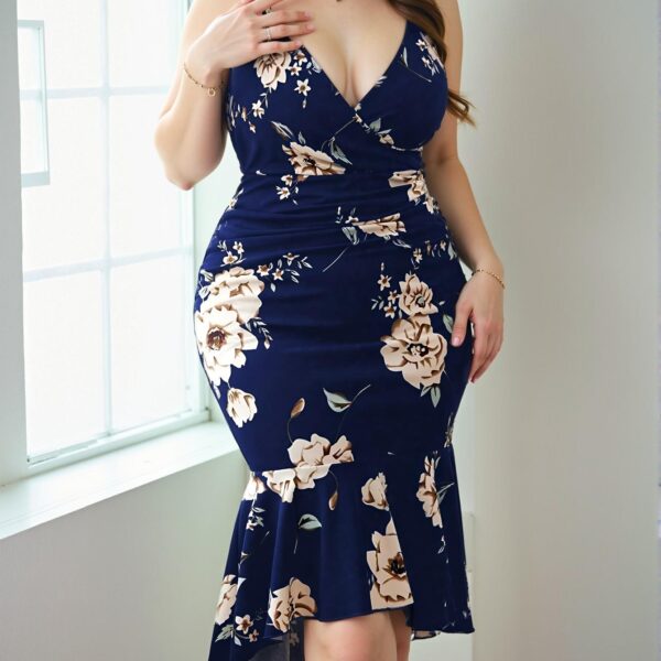 Elegant Navy Blue Floral Print Fitted Mermaid Dress for Summer – Chic, Classy and Trendy Fashion Style to Dress to Impress