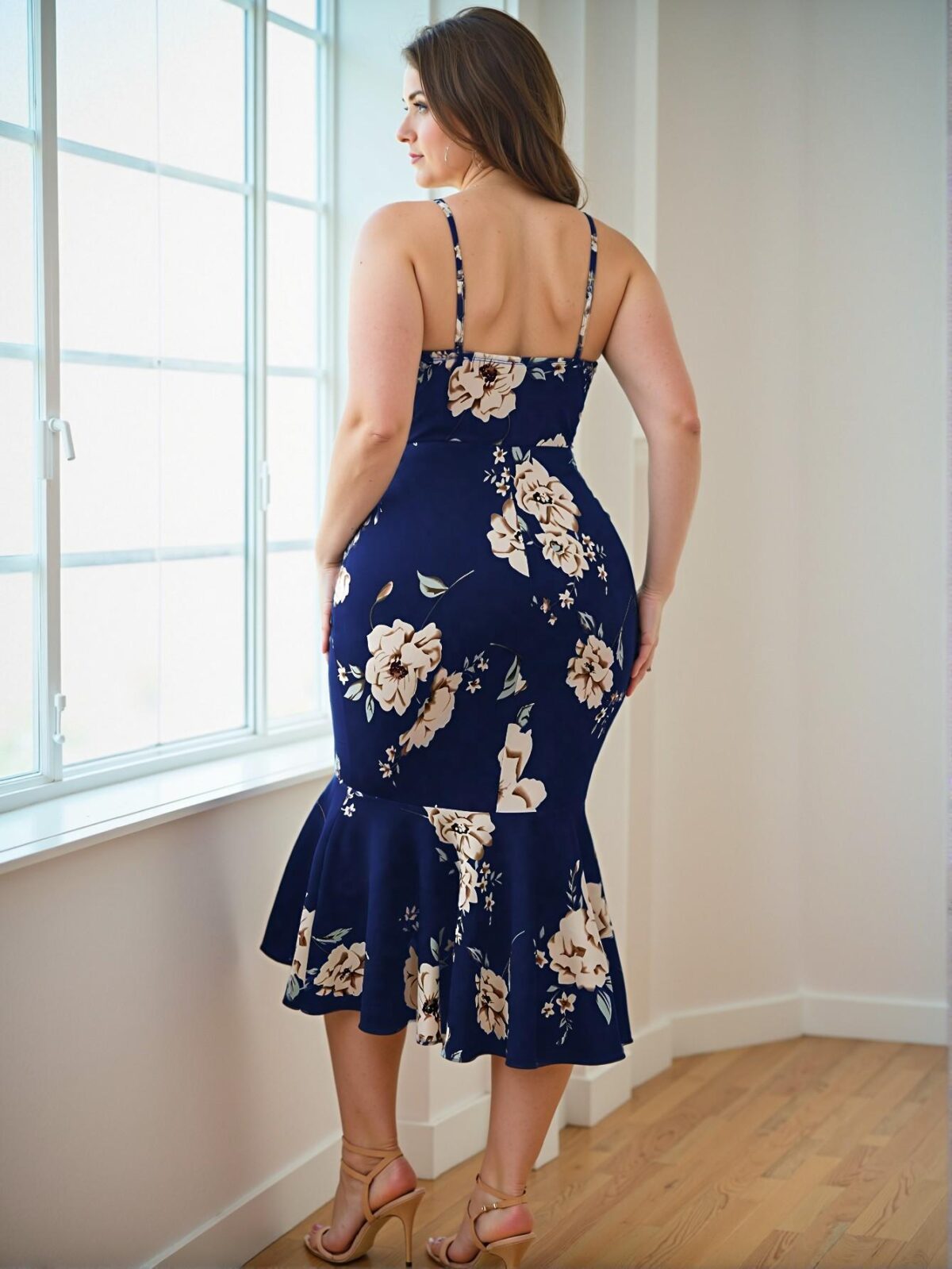 Elegant Navy Blue Floral Print Fitted Mermaid Dress for Summer – Chic, Classy and Trendy Fashion Style to Dress to Impress - Image 2